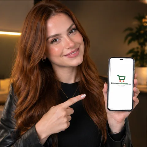 A Paula sorrindo e apontando para a logo do site no celular